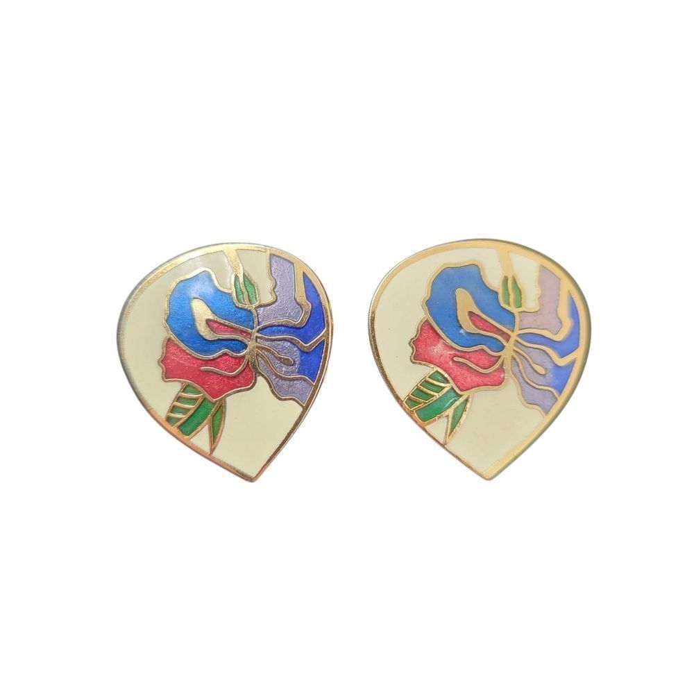 Vintage Floral Cloisonné Clip On Enamel Teardrop Clip On Earrings Multicolor